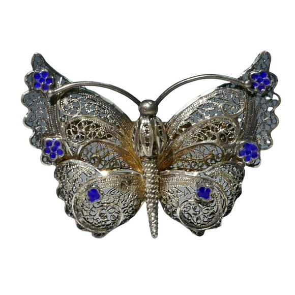 Fancy Vintage Spun Silver Butterfly or Moth Brooch With Blue Enamel Accents - Picture 1 of 4
